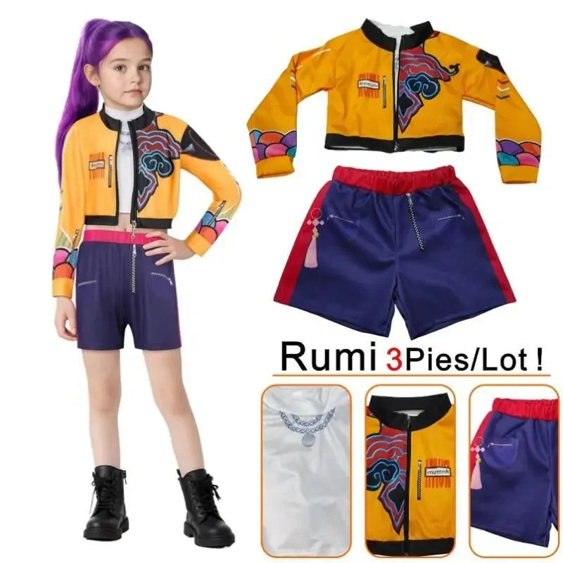 Movie Rumi girls cosplay costume orange jacket vest and shorts three-piece set